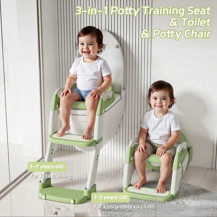 Luminpool Children's Toilet Seat With Steps, 2-In-1 Toilet Step Stool For Toddlers, Soft, Non-Slip Seat Cover With Splash Guard And Built-In Footstool - Green - View 4