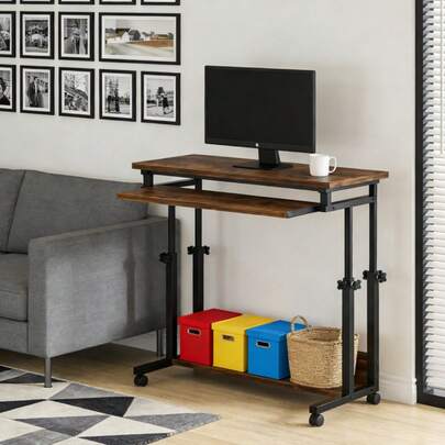 Height Adjustable Rolling Standing Desk, Mobile Sit-Stand Laptop Desk With Lockable Wheels & Pull-Out Keyboard Tray, Ergonomic Portable Desk For Home Office Dorm