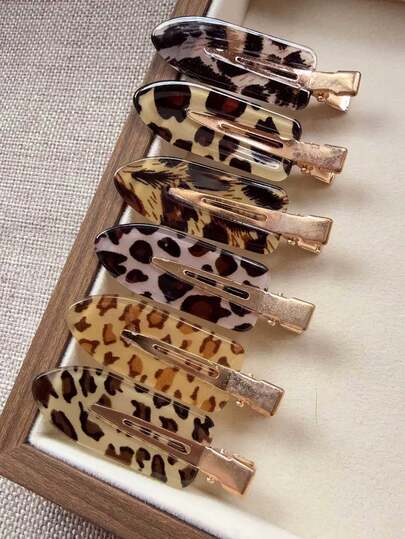 6pcs Women's Acetate Minimalist Versatile Elegant Coffee Color Leopard Print Seamless Alligator Hair Clips, Vintage Fashion Side Bangs Hair Fixing Straight Seamless Clips, Suitable For Daily Use Hair Accessories