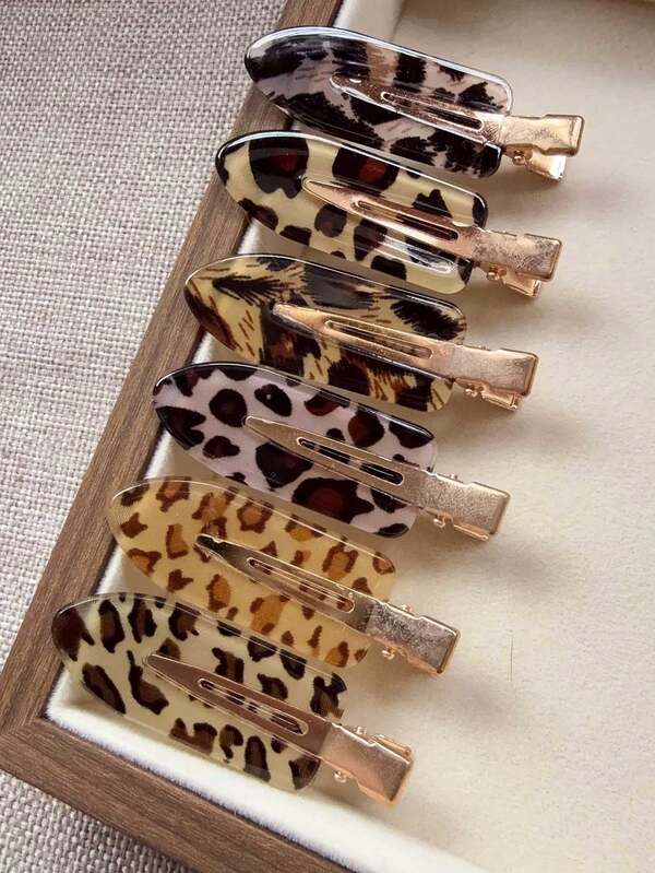 6pcs Women's Acetate Minimalist Versatile Elegant Coffee Color Leopard Print Seamless Alligator Hair Clips, Vintage Fashion Side Bangs Hair Fixing Straight Seamless Clips, Suitable For Daily Use Hair Accessories