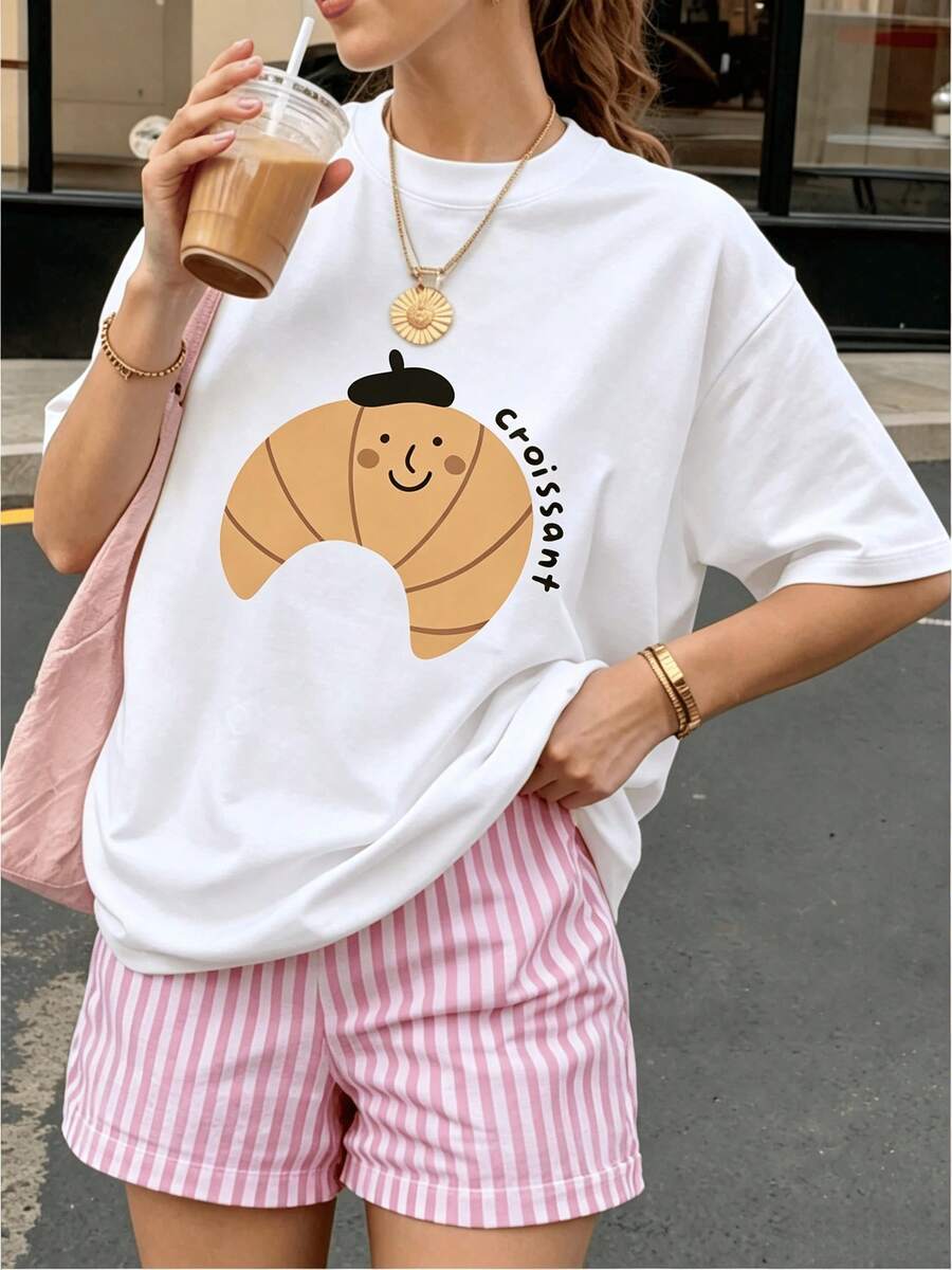 Cute Croissant Graphic Women's Short Sleeve T-Shirt - Soft Round Neck Top For Spring Summer Fall - style1 - 查看 1
