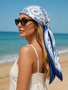 1PC Women's Fashion 90cm Square Scarf, Blue Classic Floral Digital Print, Suitable For Daily Matching With Bags, Bandana - Multicolor - View 1