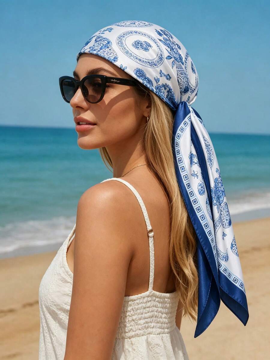 1PC Women's Fashion 90cm Square Scarf, Blue Classic Floral Digital Print, Suitable For Daily Matching With Bags, Bandana - Multicolor - View 1