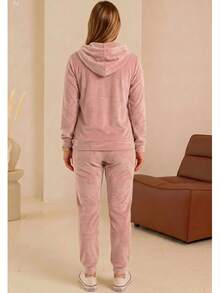 Women's Velour Tracksuit Set – Zip Hoodie With Pockets And Jogger Pants, Soft, Comfortable, Made In Poland - Dusty Pink - View 2