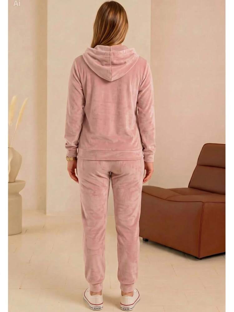 Women's Velour Tracksuit Set – Zip Hoodie With Pockets And Jogger Pants, Soft, Comfortable, Made In Poland - Dusty Pink - View 2