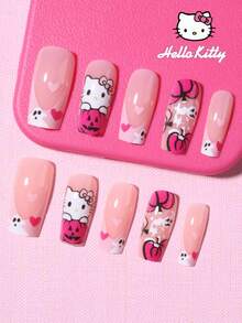 萬聖節 Sanrio Hello Kitty 24片 Y2K 中號方型法式指尖穿戴甲，可愛 3D Hello Kitty、幽靈、南瓜頭與愛心設計，完美貼合的壓克力假指甲套組，適合日常派對、聚會與特殊場合 - 彩色 - 查看 2