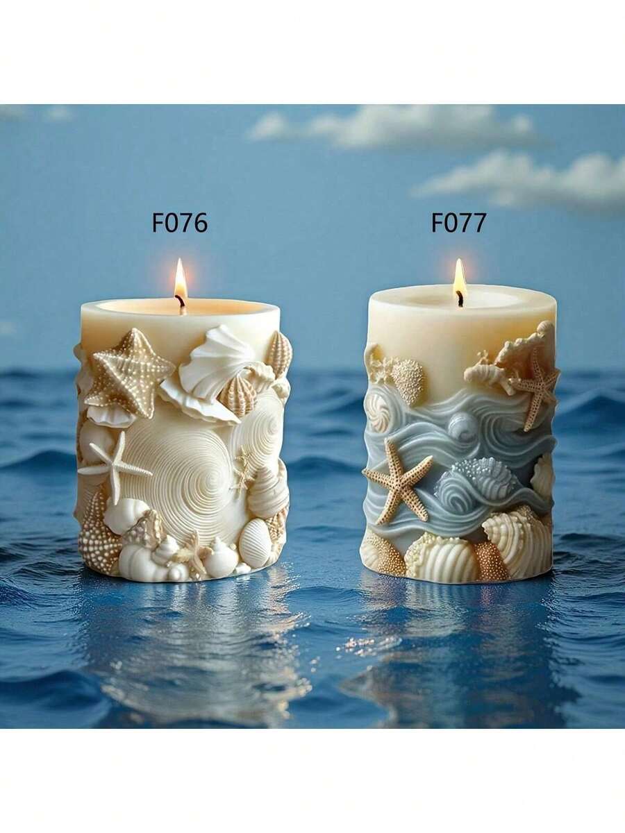 Seashell Embossed Cylindrical Candle Silicone Mold, Scallop & Starfish Embossed Cylindrical Resin Plaster Mold, Ocean Wave & Seaweed Embossed Cylindrical Concrete Cement Plaster Silicone Mold - Conch Shell Embossed Cylinder - View 1