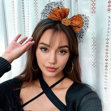 1pc Halloween Headband, Pumpkin Bow Design, Hair Band, Party Hair Accessory, Pumpkin Mesh Headpiece, Autumn Hair Decoration - Multicolor - View 3