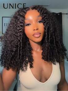 UNice Afro Kinky Curly 100% 真人髮 7x5 Bye Bye Knots 前蕾絲假髮 自然黑 預拔髮際線 預剪漂色髮結 抽繩式假髮 分層指捲波浪 捲髮 初學者友善 即戴式 無膠假髮 200% 密度 - Natural Black - 查看 3