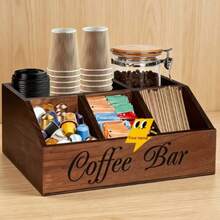 1pc 5-Compartment Wooden Coffee Bar Storage Box, Vintage Farmhouse Style Countertop Organizer, Suitable For Coffee Capsules, Coffee Cups, Spoons And Accessories, Farmhouse Style Kitchen Coffee Station Decor - Multicolor - View 2