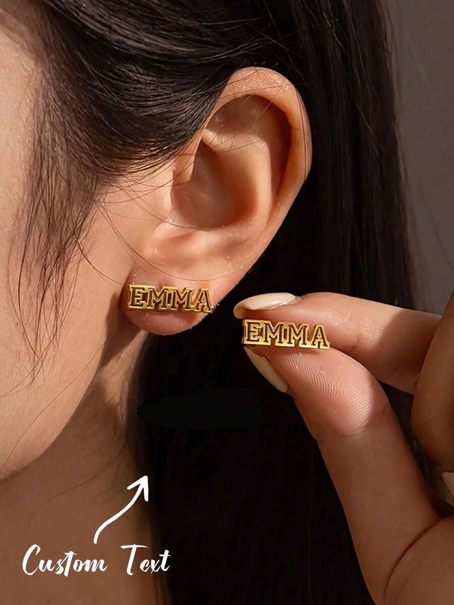 Hollow Font Name Stud Earrings Personalized Stainless Steel Earrings Customized Old English Name Earrings - Multicolor - View 1
