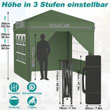 Pop up Pavillon UPF 50+ Wasserdicht 3-stufig Höhenverstellbar Faltbar Gartenpavillon mit Seitenwänden für Garten Terrasse Party Camping - Grün - Übersicht 2