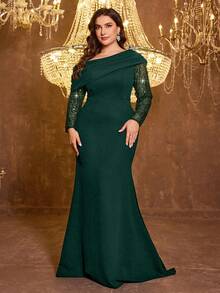 UNITHORSE Plus Size Women's Elegant Asymmetrical Shoulder Cinched Waist Evening Dress Wedding Party Fall - Dark Green - View 4