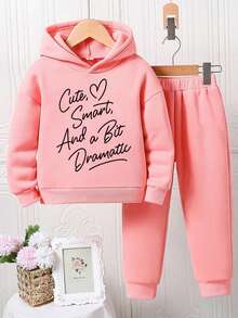 2pcs/Set Toddler Letter Print Warm Hoodie And Sweatpants Set - Pink - View 2