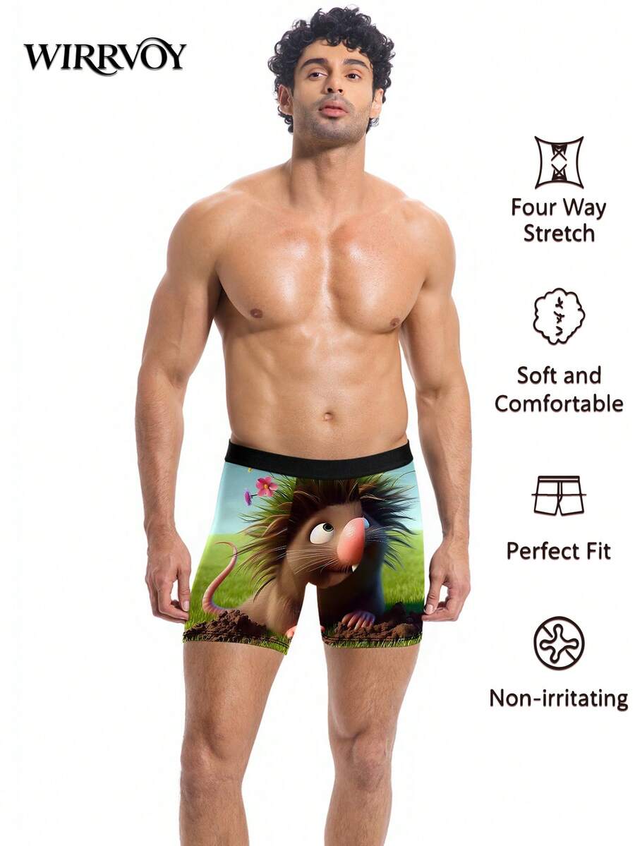 1pc Men's Funny Animal Print Boxer Briefs, Cute Cartoon Animal Print Casual Home Underwear, Suitable For Daily Wear And Gift For Boyfriend - Black - View 1