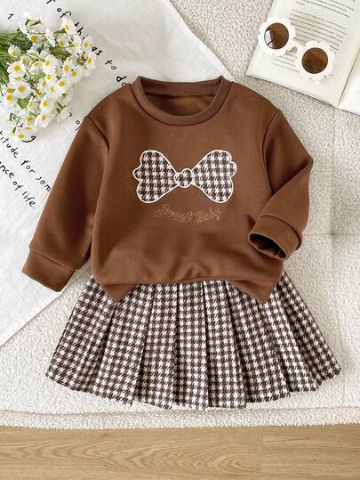 Baby Girls 2pcs Set Autumn/Winter Cute Fashion Versatile Cartoon Bow & Letter Embroidered Crew Neck Long Sleeve Sweatshirt + Jacquard Tweed Pleated Skirt Vintage Outfit Suitable For Outdoor Wear