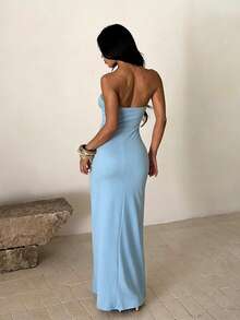 1pc Solid Color Elegant Knitted Fabric Ruffle Hem Dress For Beach Vacation Summer - Baby Blue - View 3