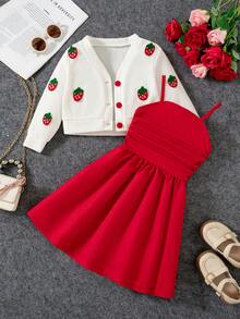 Young Girls School Outfit Autumn New Sweet Strawberry Knit Cardigan Red Spaghetti Strap Dress 2 Pieces Set Cute Gentle Girls Spring/Autumn Outfit - Red and White - View 3