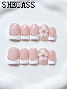 Shecass 10pcs High-Quality Square Handmade Press-On Nails, French Manicure, 3D Embossed Nude Short Style, Y2K Style, Summer Design, Suitable For Daily Wear, Graduation, Travel, Holiday Gift, Party, Music Festival, Back To School - Multicolor - View 1