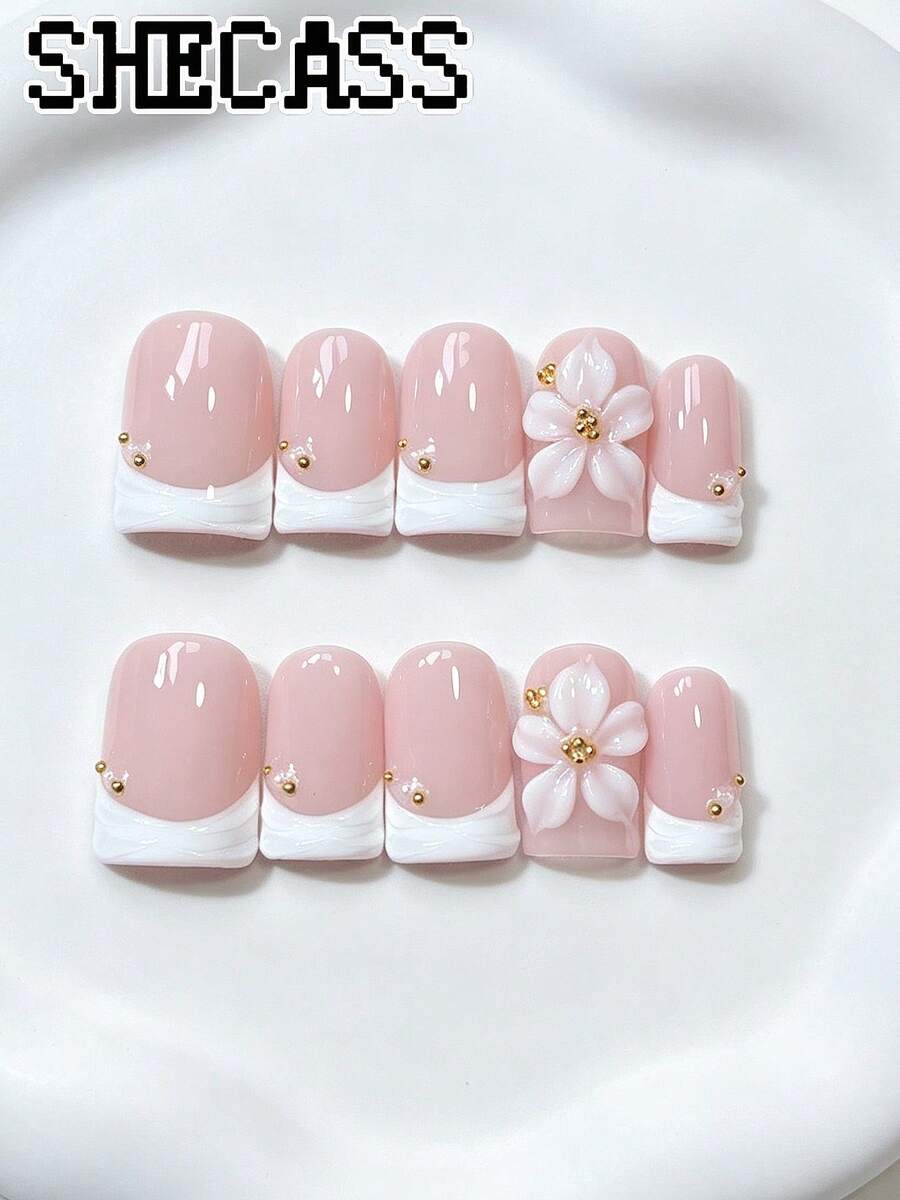 Shecass 10pcs High-Quality Square Handmade Press-On Nails, French Manicure, 3D Embossed Nude Short Style, Y2K Style, Summer Design, Suitable For Daily Wear, Graduation, Travel, Holiday Gift, Party, Music Festival, Back To School - Multicolor - View 1