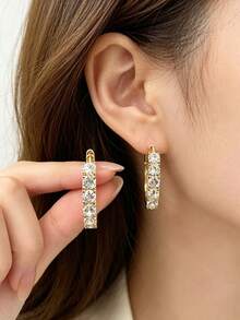 2 Pairs Luxury Elegant Copper Inlaid Zirconia Geometric U-Shaped Ear Cuffs, Round Earrings Set For Women, Dating Gift - Multicolor - View 3