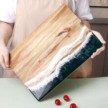 1pcHandcrafted Ocean Beach Resin Wood Serving Board, Cutting Board With Blue Ocean Wave Pattern, Multipurpose Charcuterie Platter For Breakfast Dessert Snacks, Coastal Kitchen Countertop Decor - 1pc Acacia Wood Cutting Board - View 6