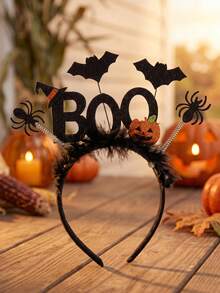 Halloween BOO Felt Headband, Teen Girls Style, Feather Bat Spider Pumpkin Headband, Spooky Cosplay Party Costume Accessory, Gothic Holiday Photo Prop Hair Accessory - Multicolor - View 4