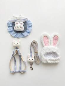 4pcs Blue Plaid Rabbit Pet Outfit Set, Plush Rabbit Ear Hat + Rabbit Bib + Rabbit Harness Leash, Small Cat & Dog Outdoor Wear - Multicolor - View 1