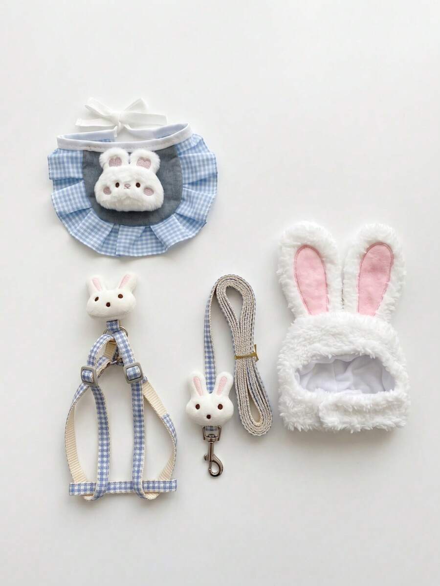 4pcs Blue Plaid Rabbit Pet Outfit Set, Plush Rabbit Ear Hat + Rabbit Bib + Rabbit Harness Leash, Small Cat & Dog Outdoor Wear - Multicolor - View 1