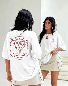 Double-Sided Printed T-Shirt, Cat And Wine Glass, Cat And Red Wine Cup Print Women'S Round Neck Casual Short Sleeve, Women'S Essential Fashion Item - style1 - Voir 1