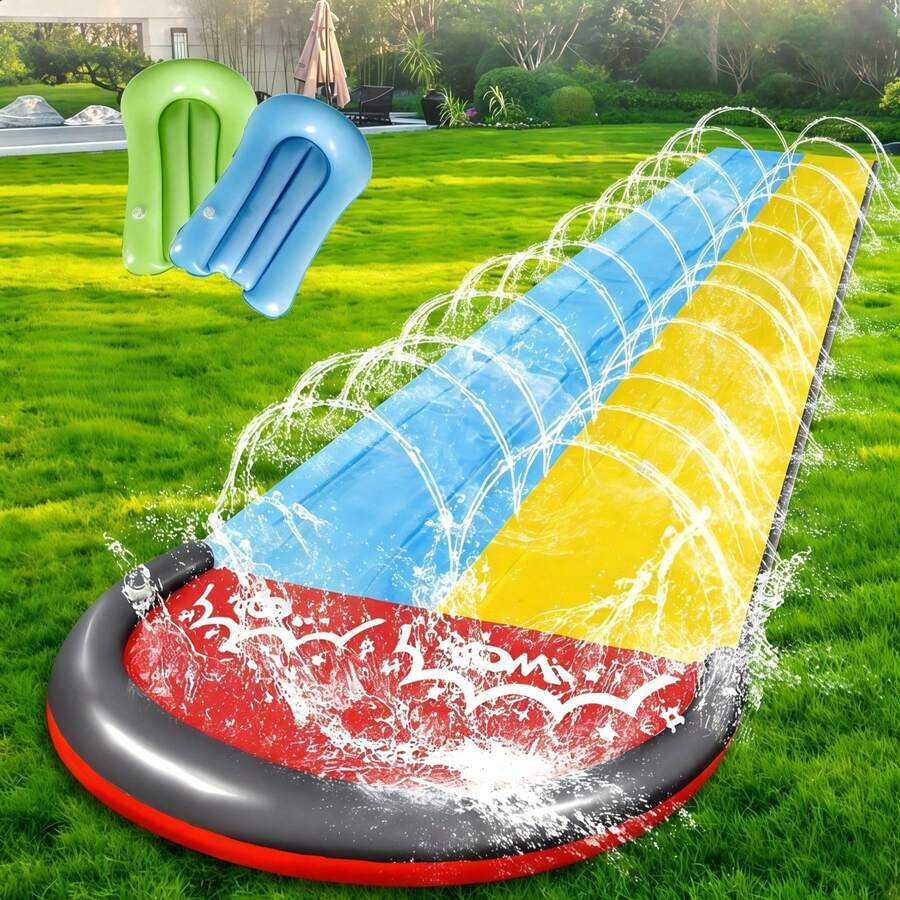 Dual Lane PVC Inflatable Water Slide, Outdoor Water Spray Surfing Slide, Comes With 2 Inflatable Slide Mats, Suitable For Backyard Lawn Summer Water Fun - 彩色 - 查看 1