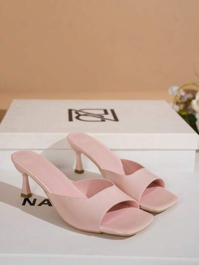 NANBEI ZUO Vacation Season Wedding Event Spring/Summer Elegant Fashion Versatile Square Toe Kitten Heel Pink Patent Leather Mule Open Toe Classic Style Women's High Heel Sandals