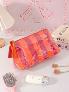 Waterproof Striped Cosmetic Bag With Tassel Large Capacity Makeup Bag Portable Wash Bag Multi-Color Travel Makeup Storage Bag For Beach & Bathroom - Multicolor - View 18