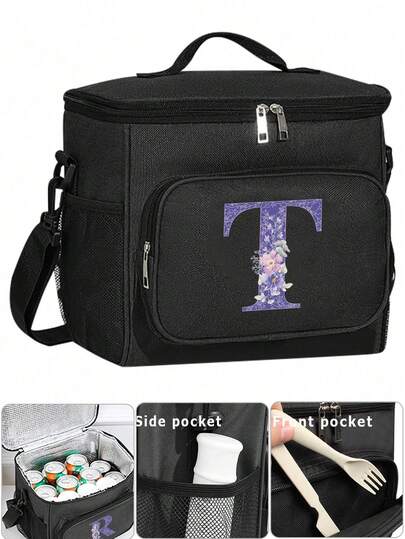 Insulated Lunch Box Bag Shoulder Canvas Bags Thermal LunchBox Initial Name A To Z Purple Letter Flower Printing Large , Lunch Bag For Women Work