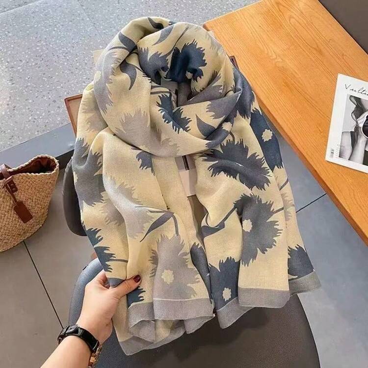 1件女款優雅花卉印花仿絲輕量透氣多用途披肩圍巾頭巾，適合春夏旅行、攝影、約會、送禮，超薄款 - 黃色 - 查看 2