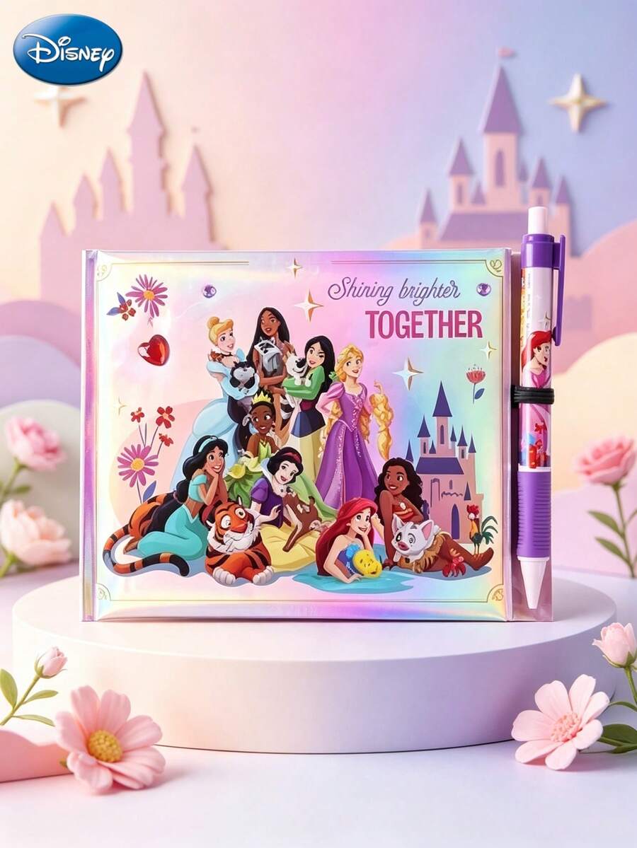 Monogram 1SET Disney Officially Licensed Princess Autograph Book Set Including Hard‑Cover Notebook And Matching Ball‑Point Pen Iridescent Cover With Classic Princess Prints Portable Journal Set For Daily Notes Diary Writing Ideal Birthday Holiday Gift For Fan - Princess - View 1