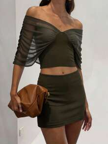 Sexy Cold Shoulder Ruched Crop Top With Bodycon Mini Skirt Set For Women, Medium Stretch Two Pieces Outfit, Perfect For A Gorgeous Fall Look - Army Green - View 2