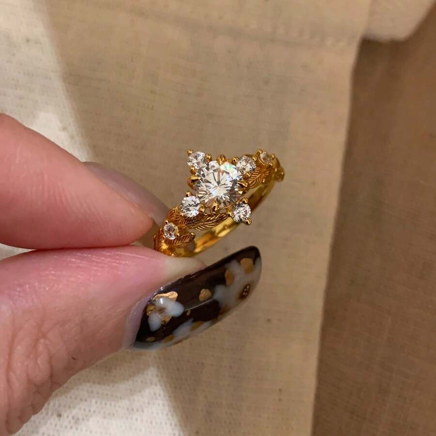 1件獨特精緻水鑽與白色珍珠母貝戒指,時尚個性百搭極簡風,不褪色手指戒指 - 月桂葉戒指 - 查看 1