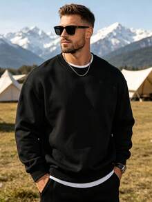 Men's Autumn/Winter Minimalist Crew Neck Sweatshirt | All-Match Versatile Casual Top | Streetwear Layering Essential - Black - View 6