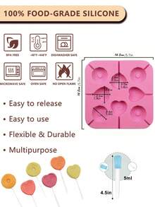 Multifunctional 8-Cavity Heart Lollipop Silicone Mold, Silicone, Heat-Resistant, Oven And Freezer , Suitable For Homemade Hard Candy, Chocolate Bars, Aromatherapy Lollipop Wax, Valentine's Day, Wedding Favors, DIY Desserts, Aromatherapy Lollipop Wax - Multicolor - View 6