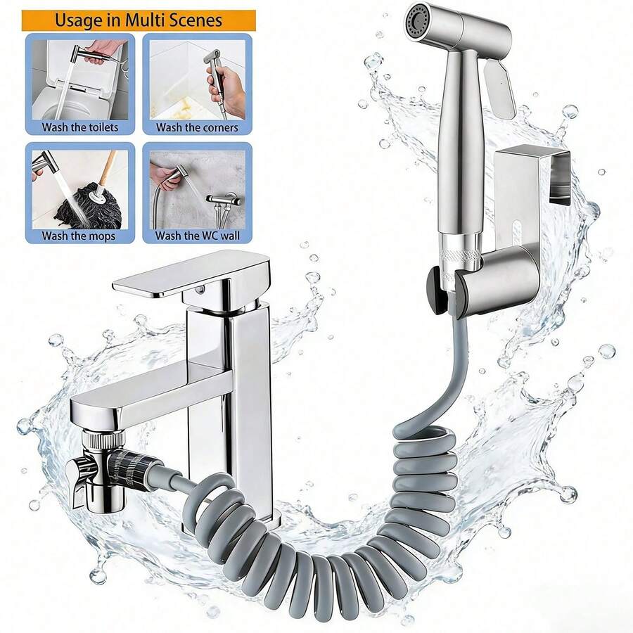 304 Stainless Steel Handheld Bidet Sprayer Set|59'' Retractable Spring Hose + 3-Way Diverter Valve|Universal Faucet Adapter For Women's Hygiene & Toilet Cleaning - A - View 1