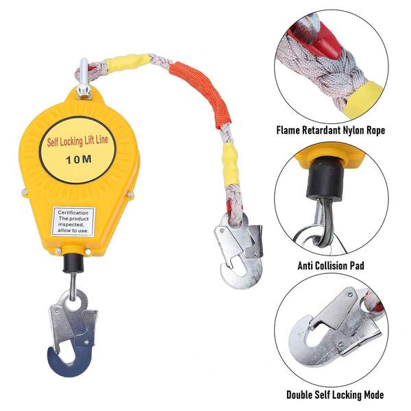 Línea de Vida Retráctil 3/5/7/10M con Cable de Acero, Anticaídas para Trabajo en Alturas de hasta 150kg, Bloqueo Doble de Se-guridad, Equipo de Protección Individual para Construcción y Rescate