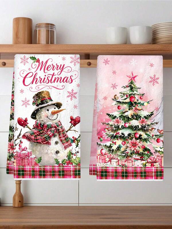 2pcs Pink Christmas Kitchen Towels, 40*48cm Snowman & Christmas Tree Pattern, Soft Polyester Hand Towels, Holiday Winter Home Decor, Christmas Kitchen Accessories, Dining Table Decor, Bathroom Housewarming Gift