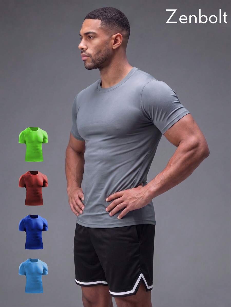 Zenbolt Men's Solid Crew Neck Compression Workout T-Shirt Short Sleeve Compression Activewear Shirt,Compressionl Athletic Top For Daily And Gym Train - Grey - View 1