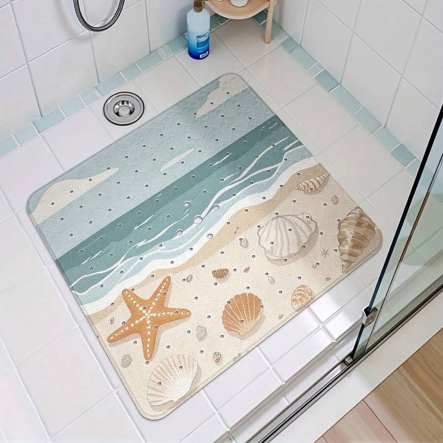 1pc Beach Sand Starfish & Shell Print Shower Mat, Non-Slip Bathroom Bathtub Mat With Suction Cups And Hollow Drainage, Cartoon Bath Foot Mat For Bathroom, Toilet, Home Decor - View 1