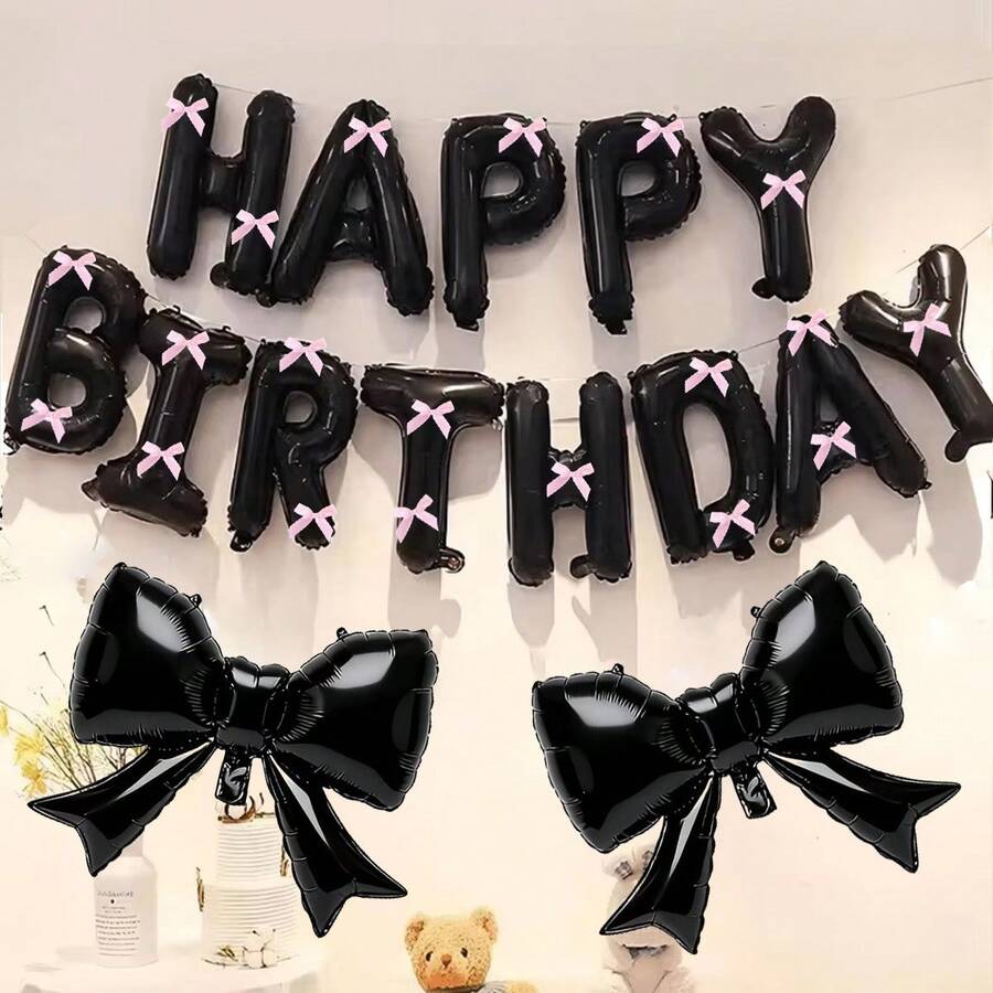 36pcs Black Bow Birthday Banner Party Decoration Aluminum Foil Balloon Set - Multicolor - View 1