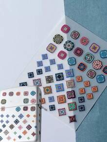 1pc Decorative Sticker, Aesthetic Sticker, Bohemian Geometric Square Pattern, Suitable For Laptop, Phone Case, Camera, Water Bottle, Storage Box, Furniture And Metal Decoration - B - View 4