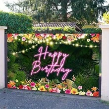 1pc Hawaiian Tropical Birthday Backdrop, Tropical Palm Leaf Birthday Party Background, Luau Birthday Party Decoration, Aloha Birthday Banner, Party Banner - View 5