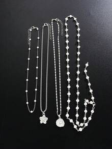 4pcs/Set Fashion Elegant Women's Floral Faux Pearl Shell Pendant Thin Chain Necklace Set, Layerable, Suitable For Daily Wear, Birthday, Party, Vacation, All Year Round, Holiday Gift, Perfect Gift Choice - Silver - View 6