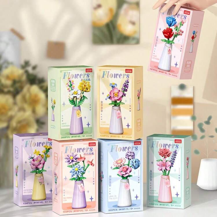 12 Styles Building Block Eternal Flower Vase Desktop Decor, Assembled Building Blocks, Small Particle Micro Building Block Flowers, Rose Sunflower Artificial Flower Model, Birthday Gift, Holiday Gift - Multicolor - View 11